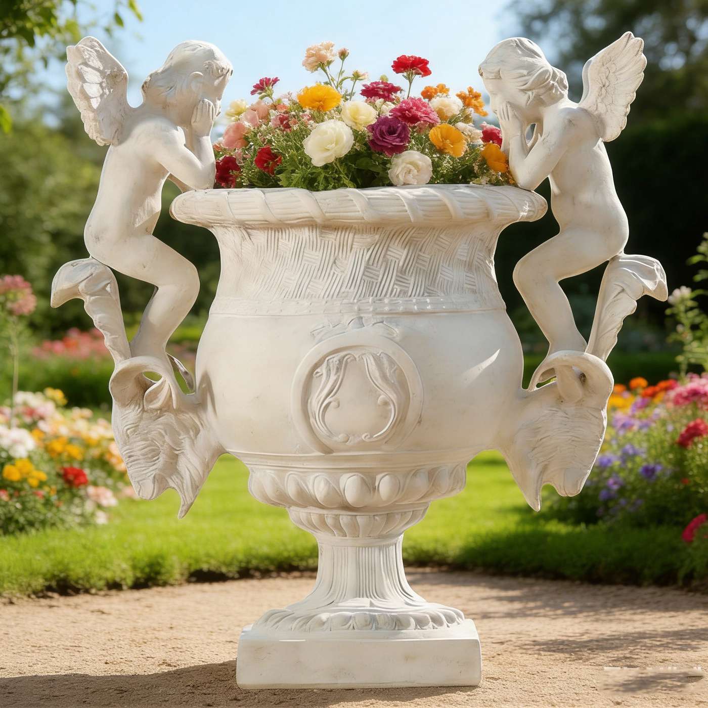 Ornate Cherub Cast Iron Urn Planter HS-P010, Cast iron urn planter, Baroque garden planter, cherub decorative planter