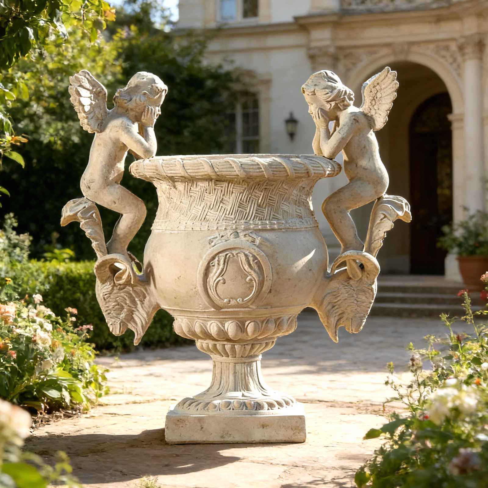 Ornate Cherub Cast Iron Urn Planter HS-P010, Cast iron urn planter, Baroque garden planter, cherub decorative planter