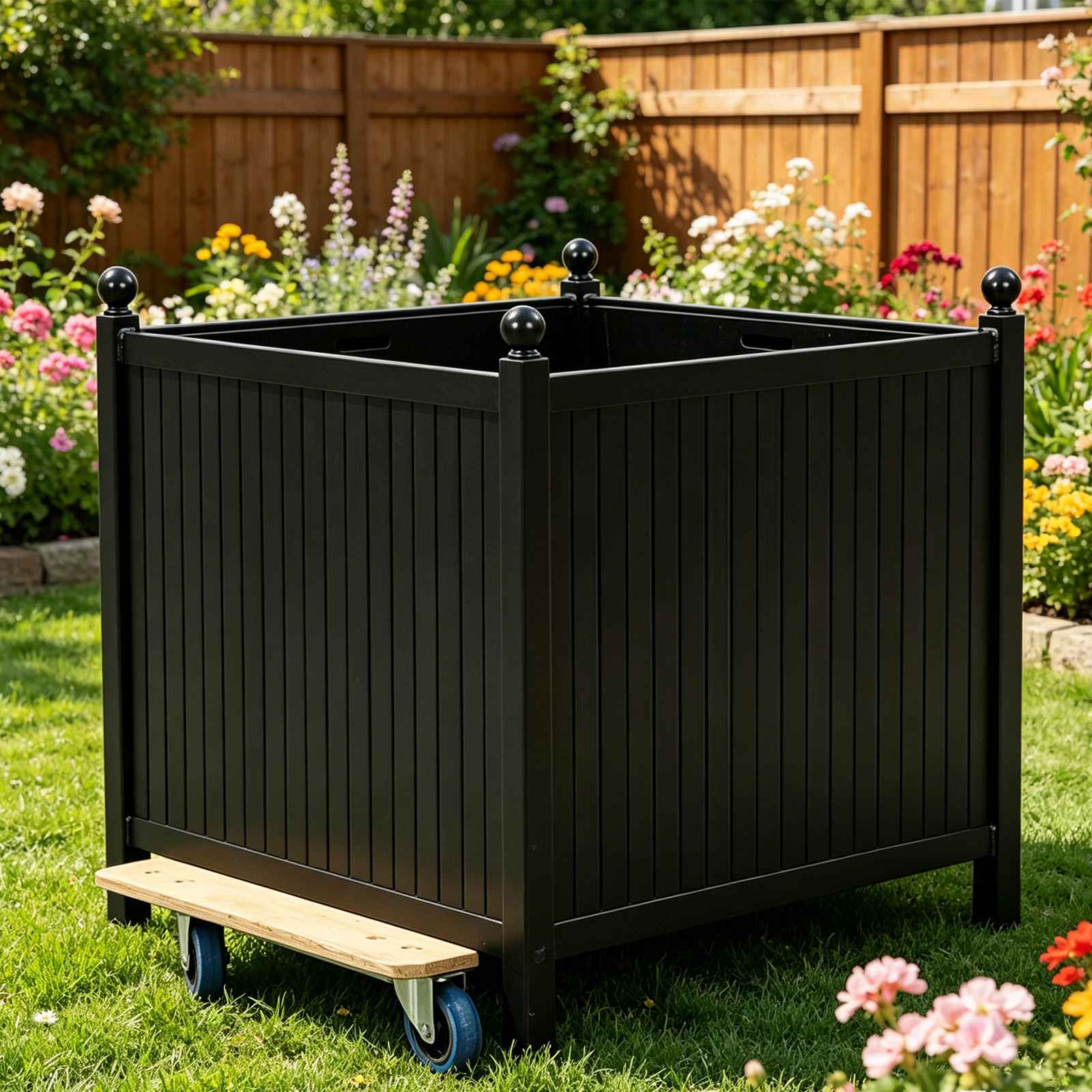 HS-P014 Rolling Versailles Planter – Matte Black Mobility, mobile Versailles planter, matte black rolling garden pot, heavy duty planter with casters