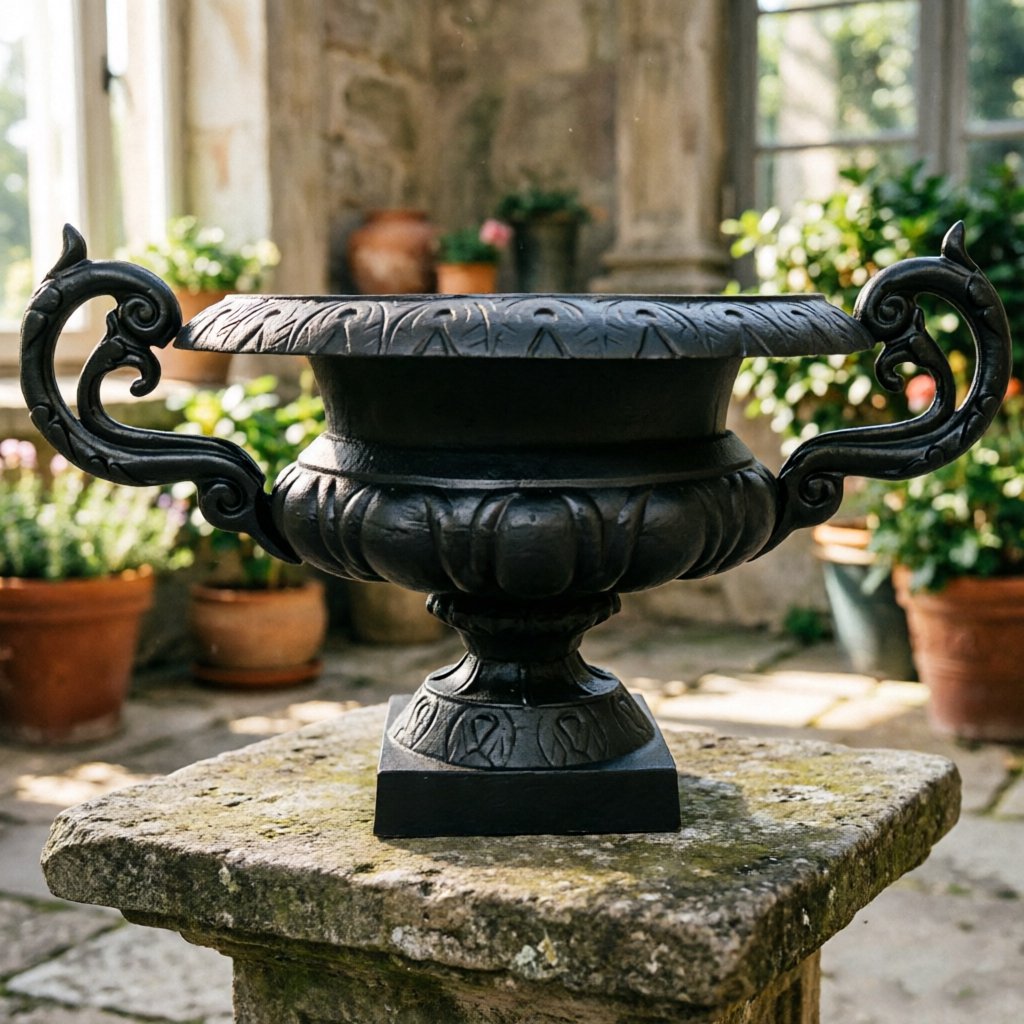 HS-P015 Cast Iron Urn Planter with Scroll Handles, cast iron urn planter, vintage garden urn with handles, heavy duty outdoor planter