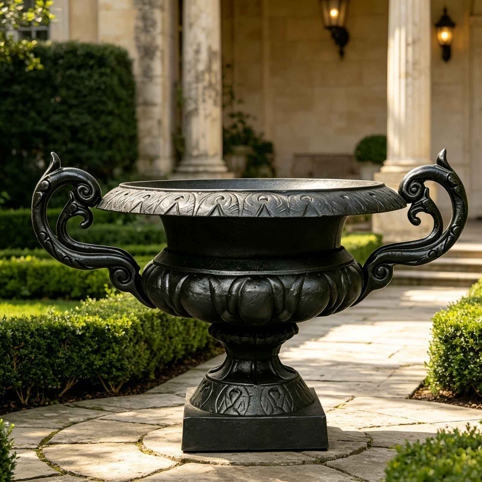 HS-P015 Cast Iron Urn Planter with Scroll Handles, cast iron urn planter, vintage garden urn with handles, heavy duty outdoor planter
