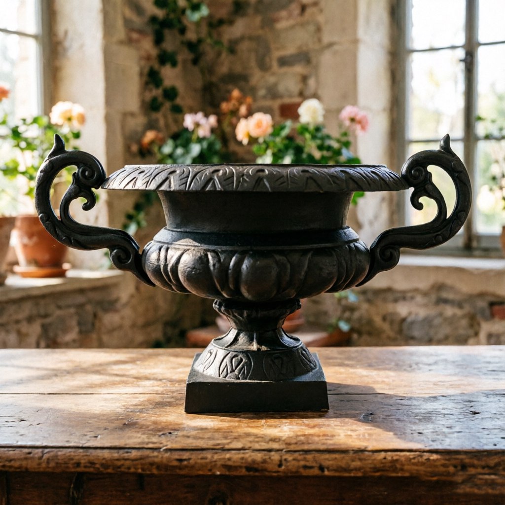 HS-P015 Cast Iron Urn Planter with Scroll Handles, cast iron urn planter, vintage garden urn with handles, heavy duty outdoor planter