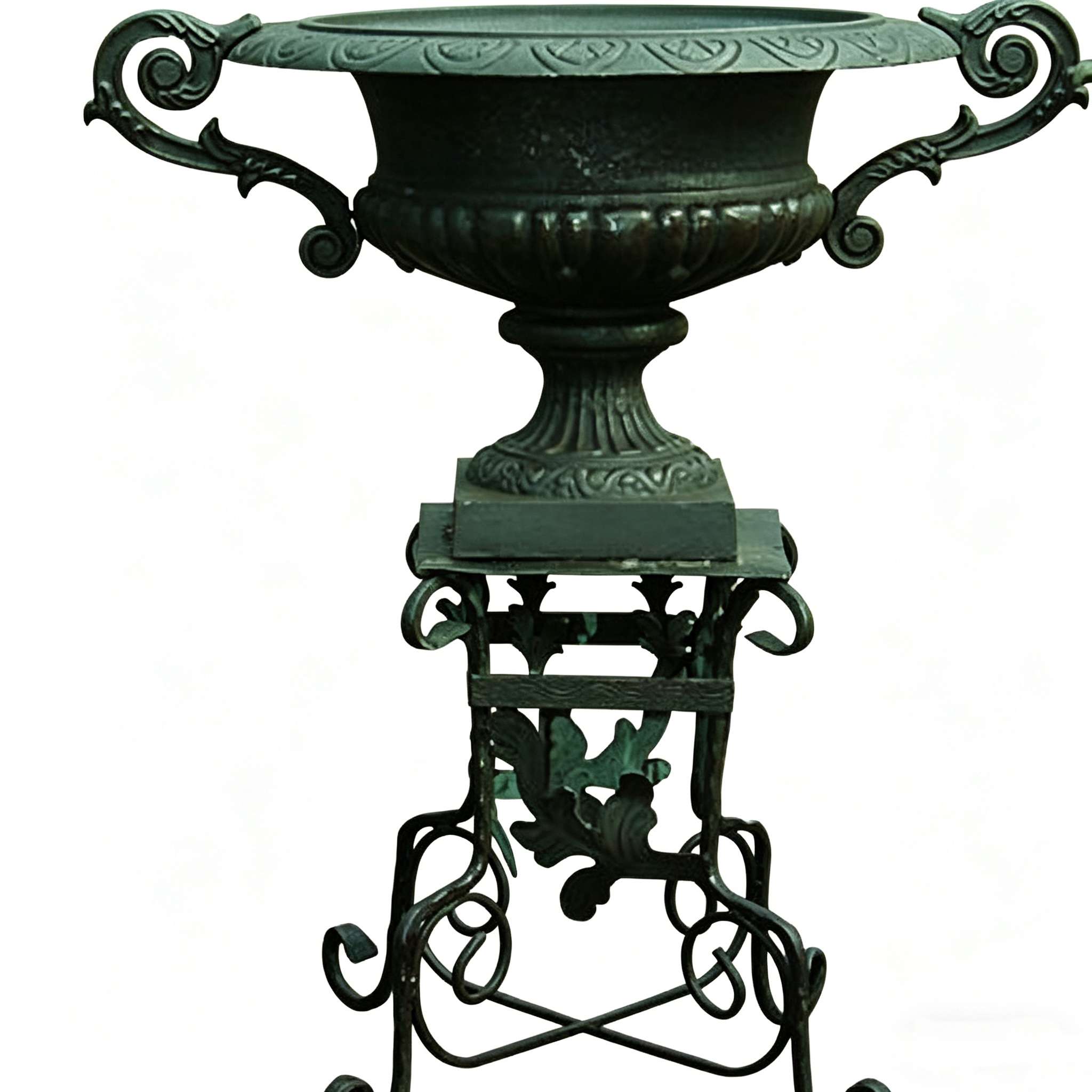 Ornate Cast Iron Urn Planter HS-P018 for Classic Gardens, ornate cast iron urn planter, Victorian scrollwork pedestal, verdigris garden urn