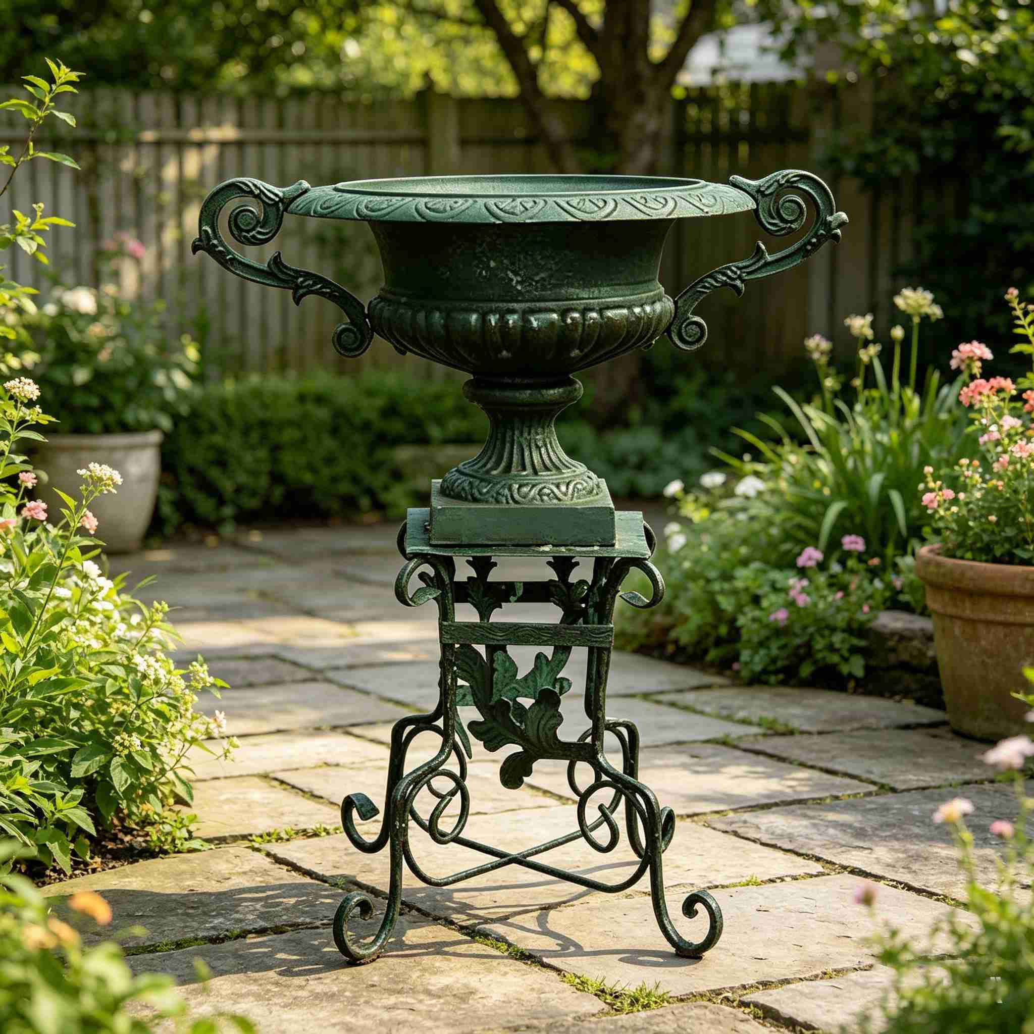 Ornate Cast Iron Urn Planter HS-P018 for Classic Gardens, ornate cast iron urn planter, Victorian scrollwork pedestal, verdigris garden urn