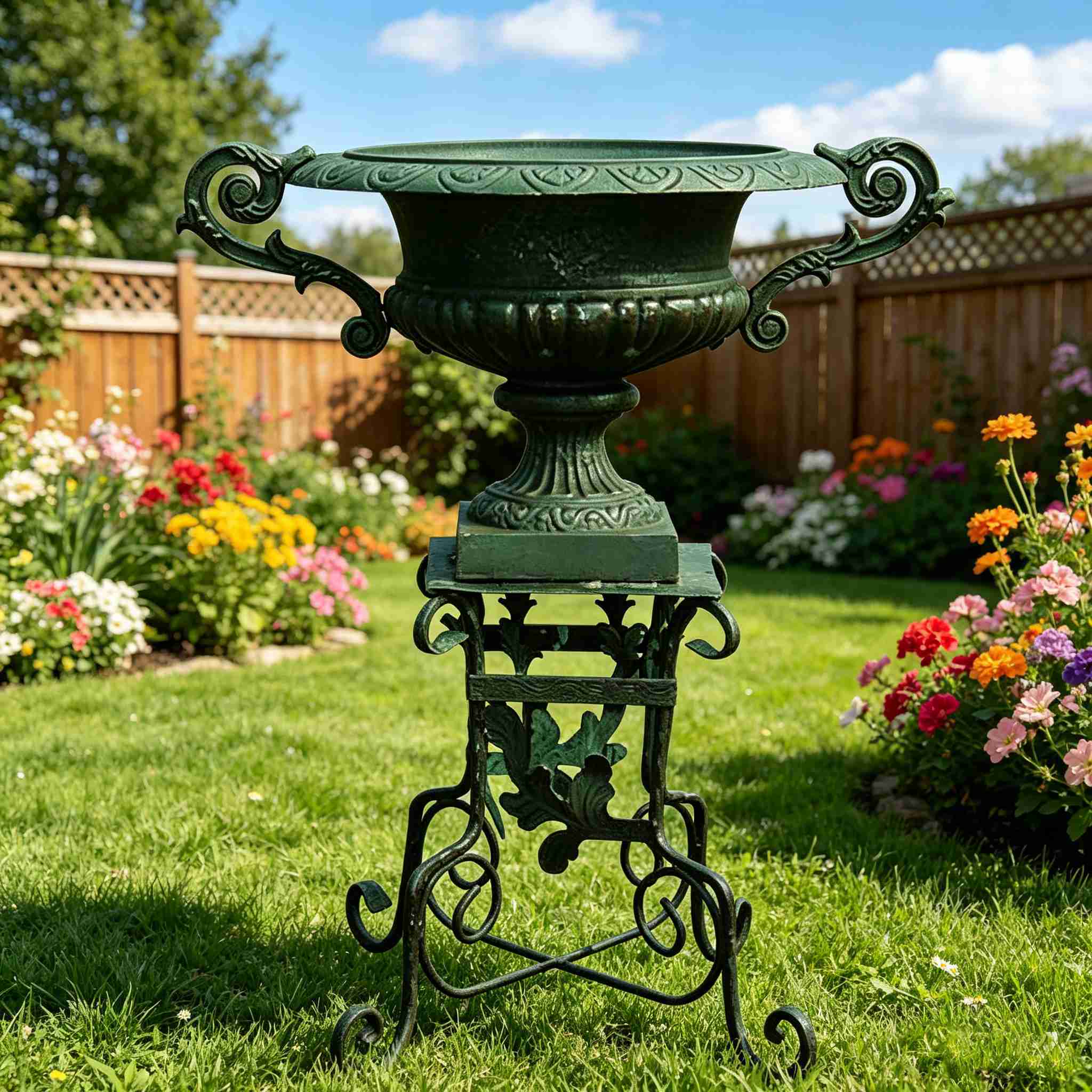 Ornate Cast Iron Urn Planter HS-P018 for Classic Gardens, ornate cast iron urn planter, Victorian scrollwork pedestal, verdigris garden urn