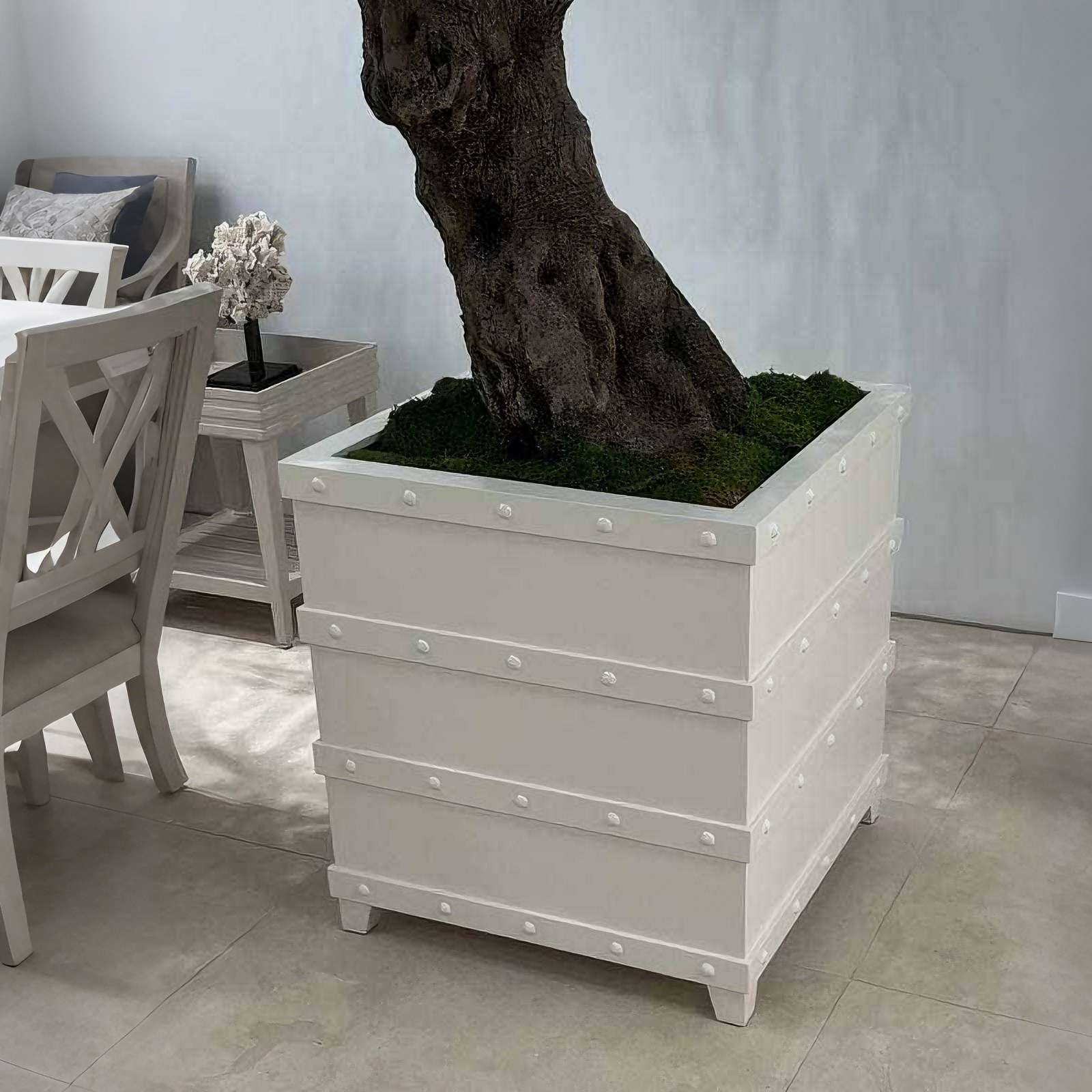 White Riveted Cast Iron Planter HS-P017, square cast iron planter, white riveted planter, cast iron planter