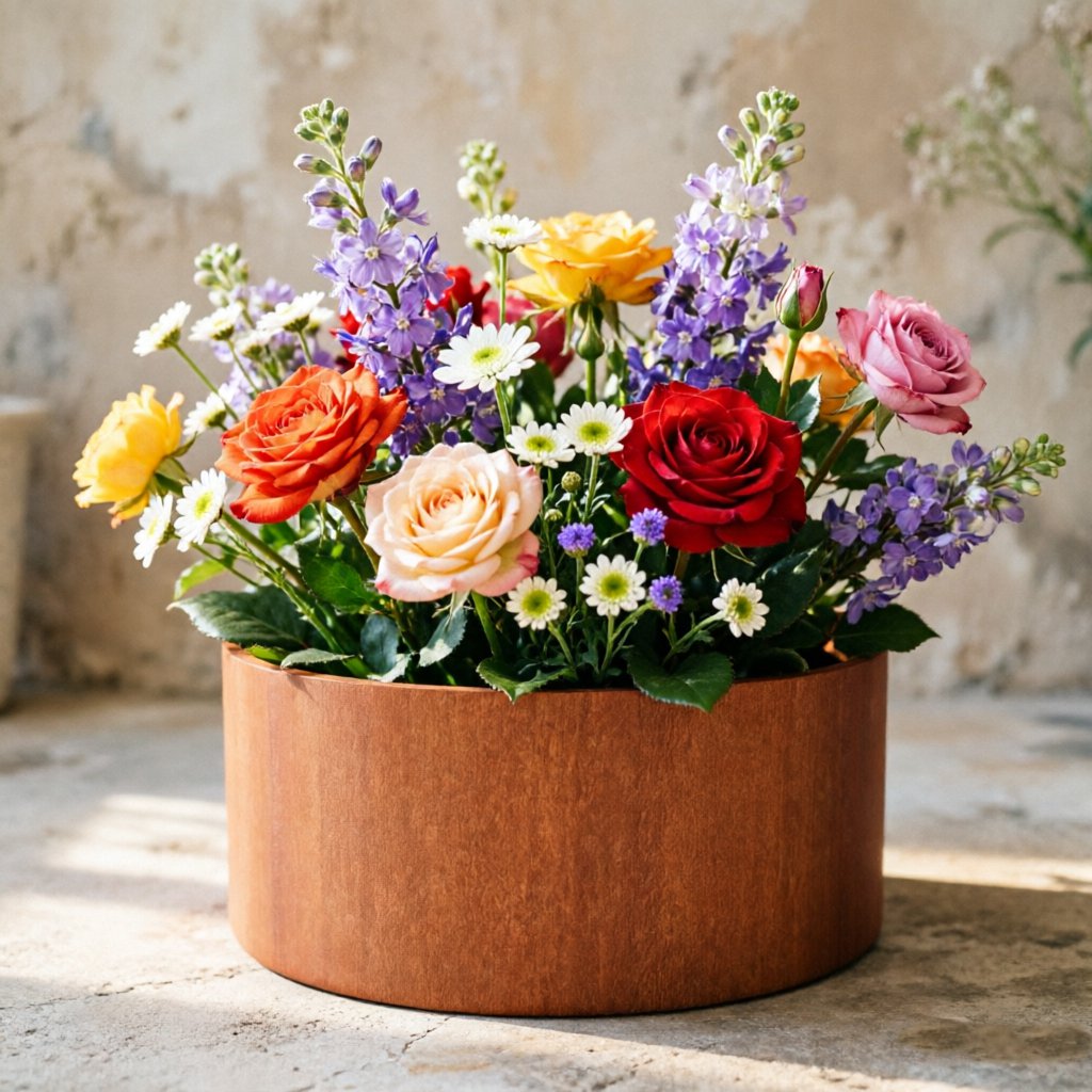 Modern Corten Steel Cylindrical Planter HS-P021, Corten steel planter, natural rust finish, modern cylindrical planter