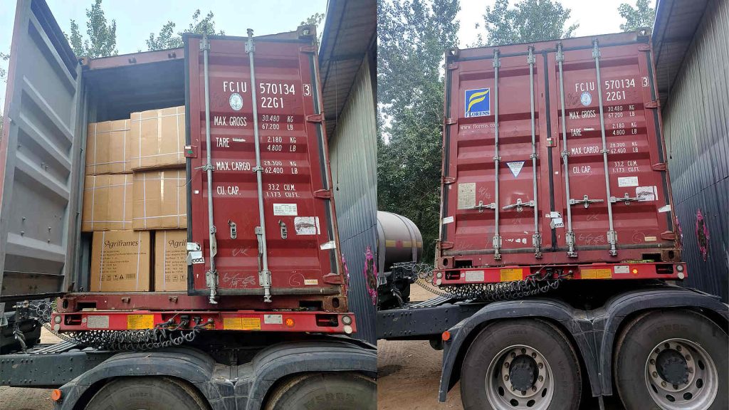 Agriframes planters loaded into a 20GP container for the US, shipped on July 13, 2026.