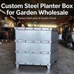 Factory shot of custom riveted steel planter box with reinforced panels and support legs, metal garden planter bulk order for landscape wholesale clients