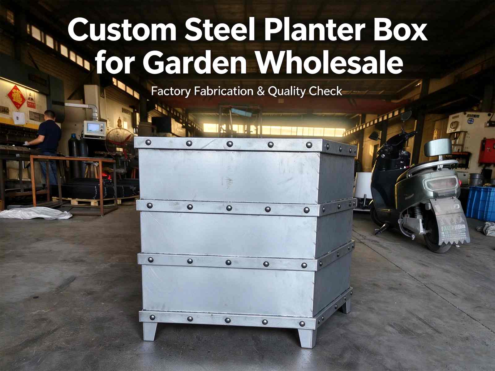 Factory shot of custom riveted steel planter box with reinforced panels and support legs, metal garden planter bulk order for landscape wholesale clients