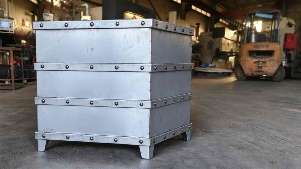 Side view of custom steel planter box in metal fabrication workshop, showing riveted reinforcing strips and sturdy base legs